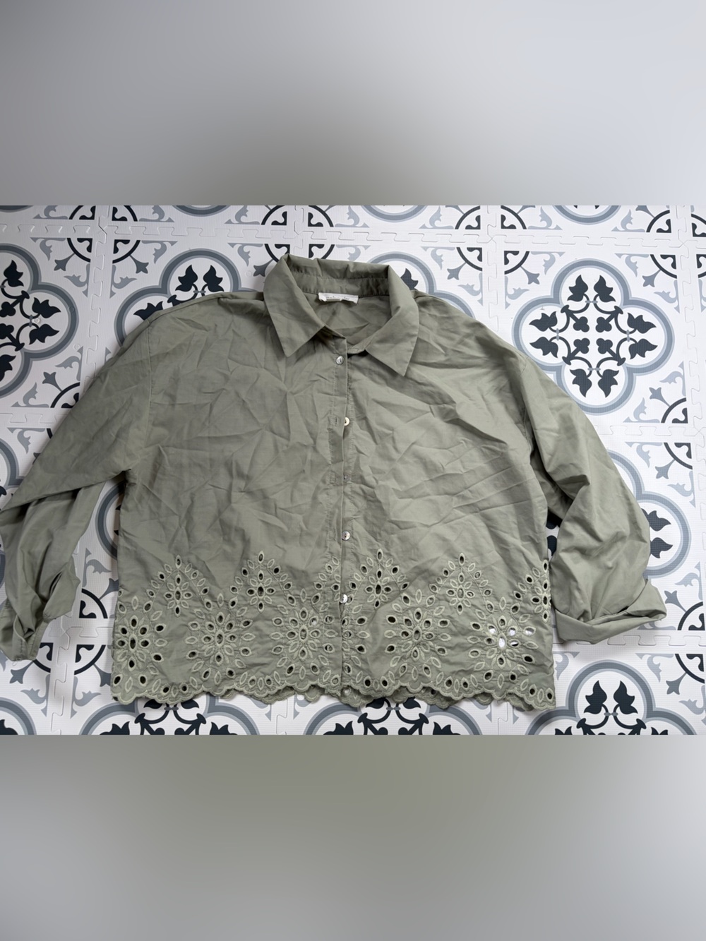 Olive Eyelet Hem Button-Down Shirt